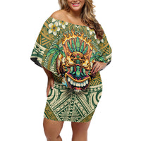Hawaii Tiki Mask Personalized Family Matching Off Shoulder Short Dress and Hawaiian Shirt Mele Kalikimaka i Iulai!