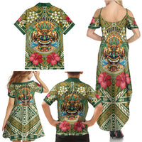 Hawaii Tiki Mask Personalized Family Matching Summer Maxi Dress and Hawaiian Shirt Mele Kalikimaka i Iulai!