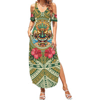 Hawaii Tiki Mask Personalized Family Matching Summer Maxi Dress and Hawaiian Shirt Mele Kalikimaka i Iulai!