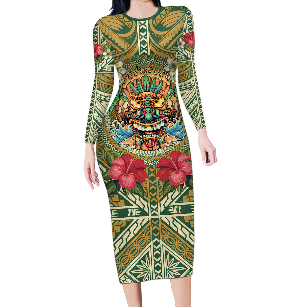 Hawaii Tiki Mask Personalized Long Sleeve Bodycon Dress Mele Kalikimaka i Iulai! LT9 Long Dress Green - Polynesian Pride