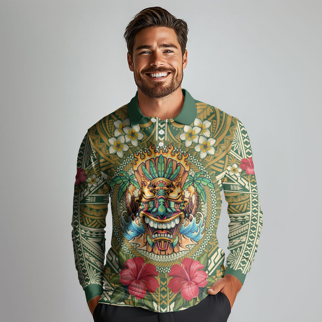 Hawaii Tiki Mask Personalized Long Sleeve Polo Shirt Mele Kalikimaka i Iulai!