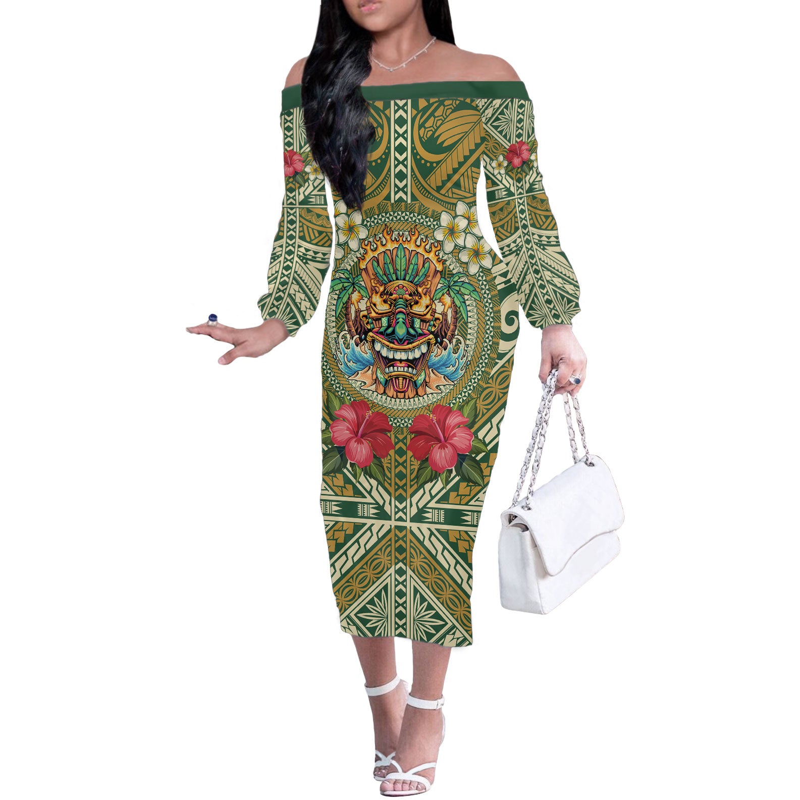 Hawaii Tiki Mask Personalized Off The Shoulder Long Sleeve Dress Mele Kalikimaka i Iulai! LT9 Women Green - Polynesian Pride