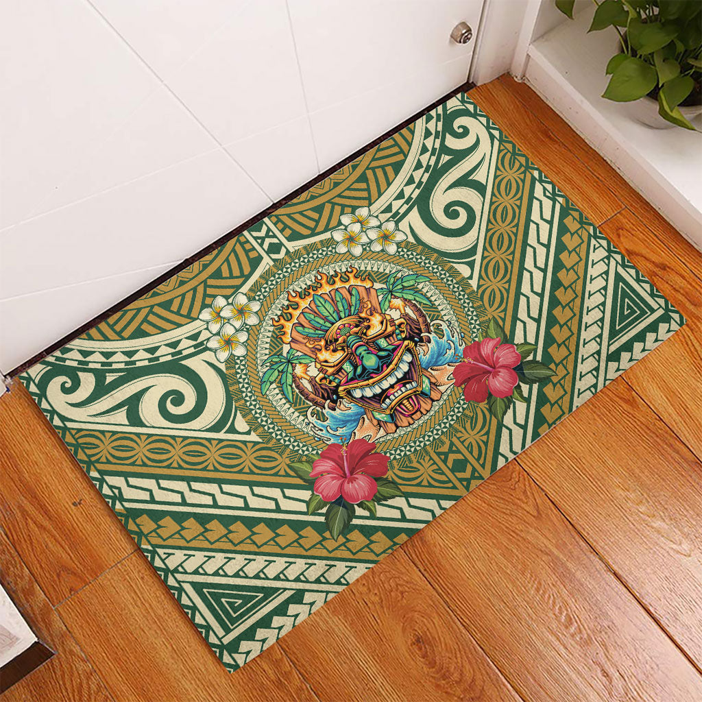 Hawaii Tiki Mask Rubber Doormat Mele Kalikimaka i Iulai!