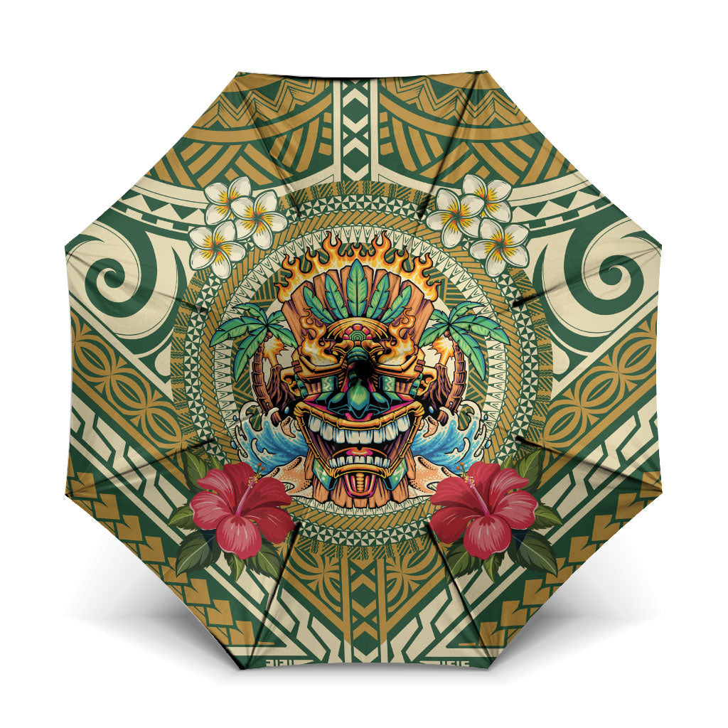 Hawaii Tiki Mask Umbrella Mele Kalikimaka i Iulai! LT9 One Size Folded 11.42 inch Opened Diameter 37.4 inch Green - Polynesian Pride