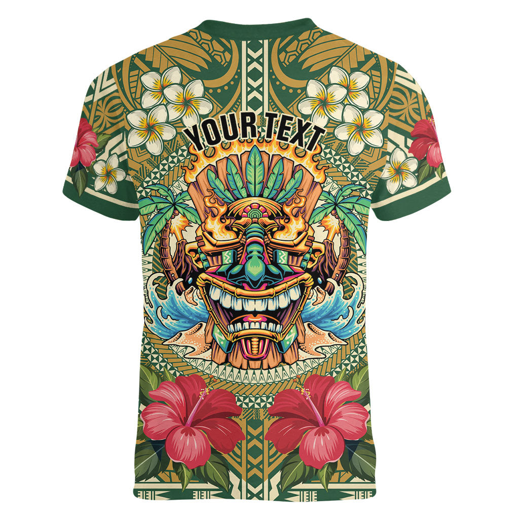 Hawaii Tiki Mask Personalized Women V-Neck T-Shirt Mele Kalikimaka i Iulai!