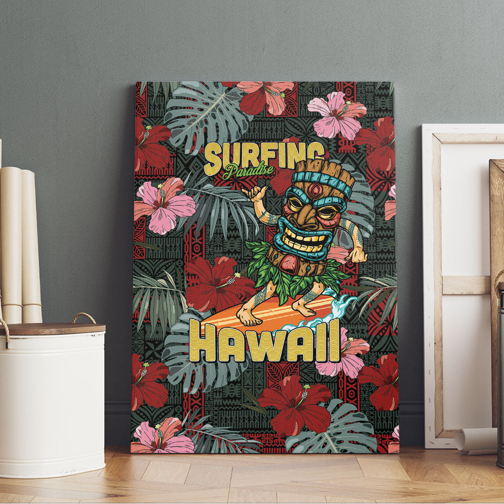 Hawaii Tiki Surfing Canvas Wall Art Mele Kalikimaka i Iulai!
