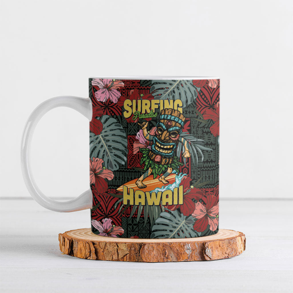 Hawaii Tiki Surfing Ceramic Mug Mele Kalikimaka i Iulai!