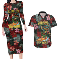 Hawaii Tiki Surfing Couples Matching Long Sleeve Bodycon Dress and Hawaiian Shirt Mele Kalikimaka i Iulai!