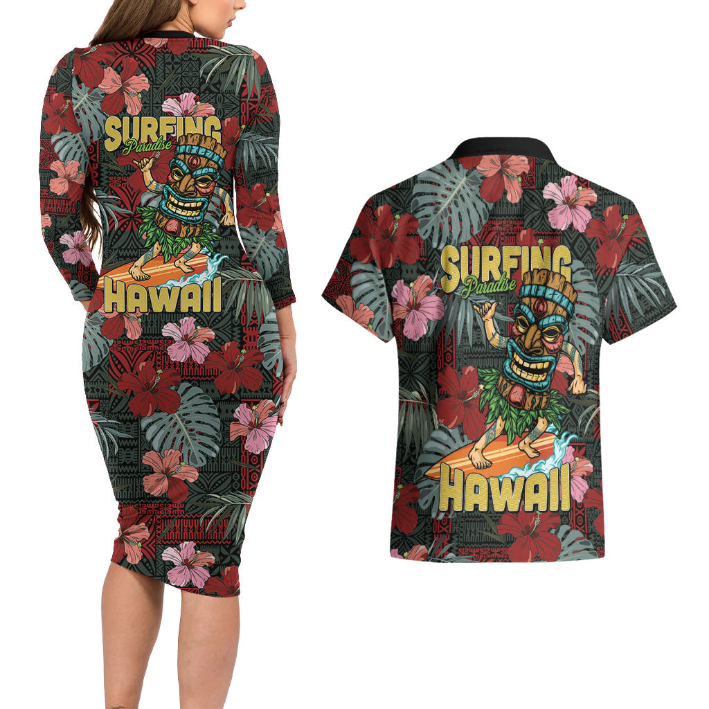 Hawaii Tiki Surfing Couples Matching Long Sleeve Bodycon Dress and Hawaiian Shirt Mele Kalikimaka i Iulai!