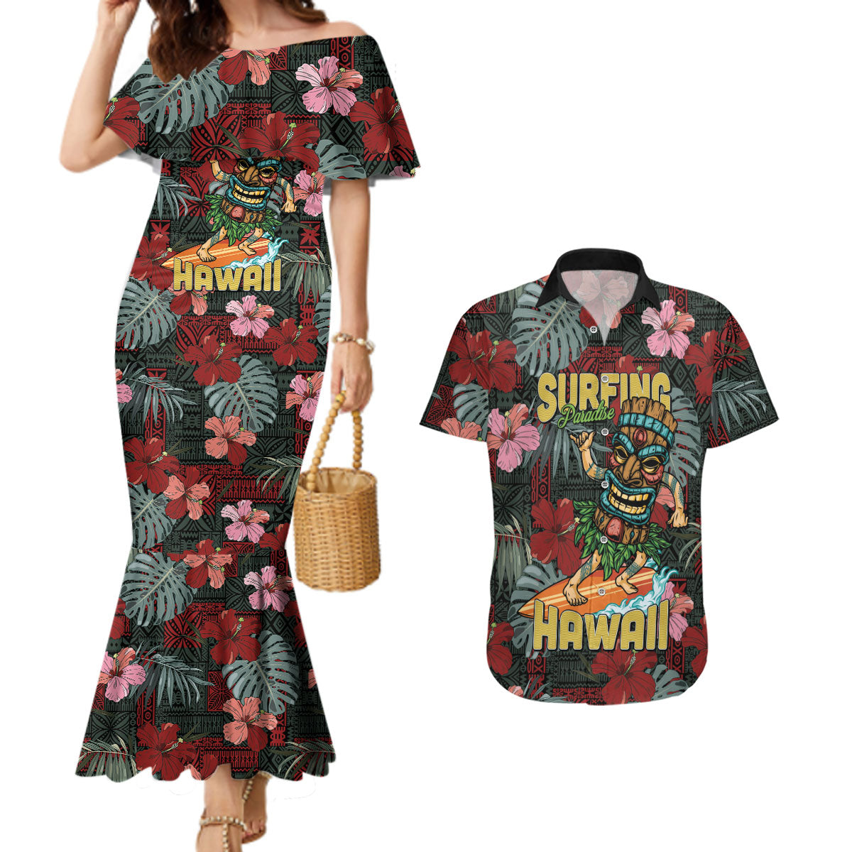 Hawaii Tiki Surfing Couples Matching Mermaid Dress and Hawaiian Shirt Mele Kalikimaka i Iulai!