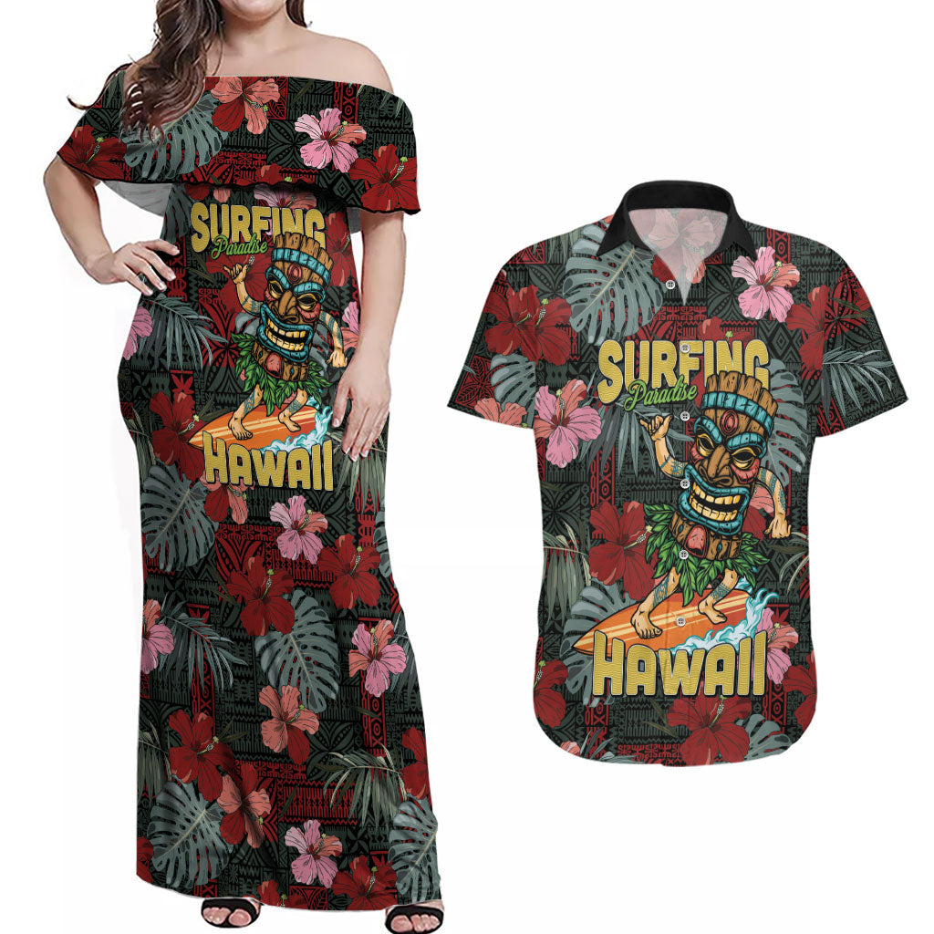 Hawaii Tiki Surfing Couples Matching Off Shoulder Maxi Dress and Hawaiian Shirt Mele Kalikimaka i Iulai!