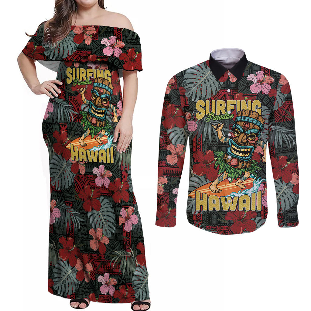 Hawaii Tiki Surfing Couples Matching Off Shoulder Maxi Dress and Long Sleeve Button Shirt Mele Kalikimaka i Iulai!