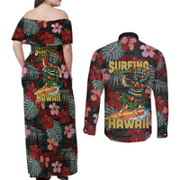 Hawaii Tiki Surfing Couples Matching Off Shoulder Maxi Dress and Long Sleeve Button Shirt Mele Kalikimaka i Iulai!