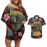 Hawaii Tiki Surfing Couples Matching Off Shoulder Short Dress and Hawaiian Shirt Mele Kalikimaka i Iulai!