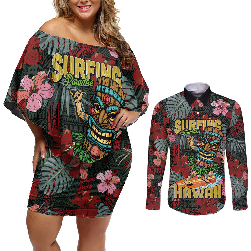 Hawaii Tiki Surfing Couples Matching Off Shoulder Short Dress and Long Sleeve Button Shirt Mele Kalikimaka i Iulai!