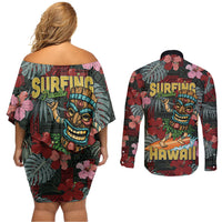 Hawaii Tiki Surfing Couples Matching Off Shoulder Short Dress and Long Sleeve Button Shirt Mele Kalikimaka i Iulai!