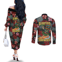 Hawaii Tiki Surfing Couples Matching Off The Shoulder Long Sleeve Dress and Long Sleeve Button Shirt Mele Kalikimaka i Iulai!