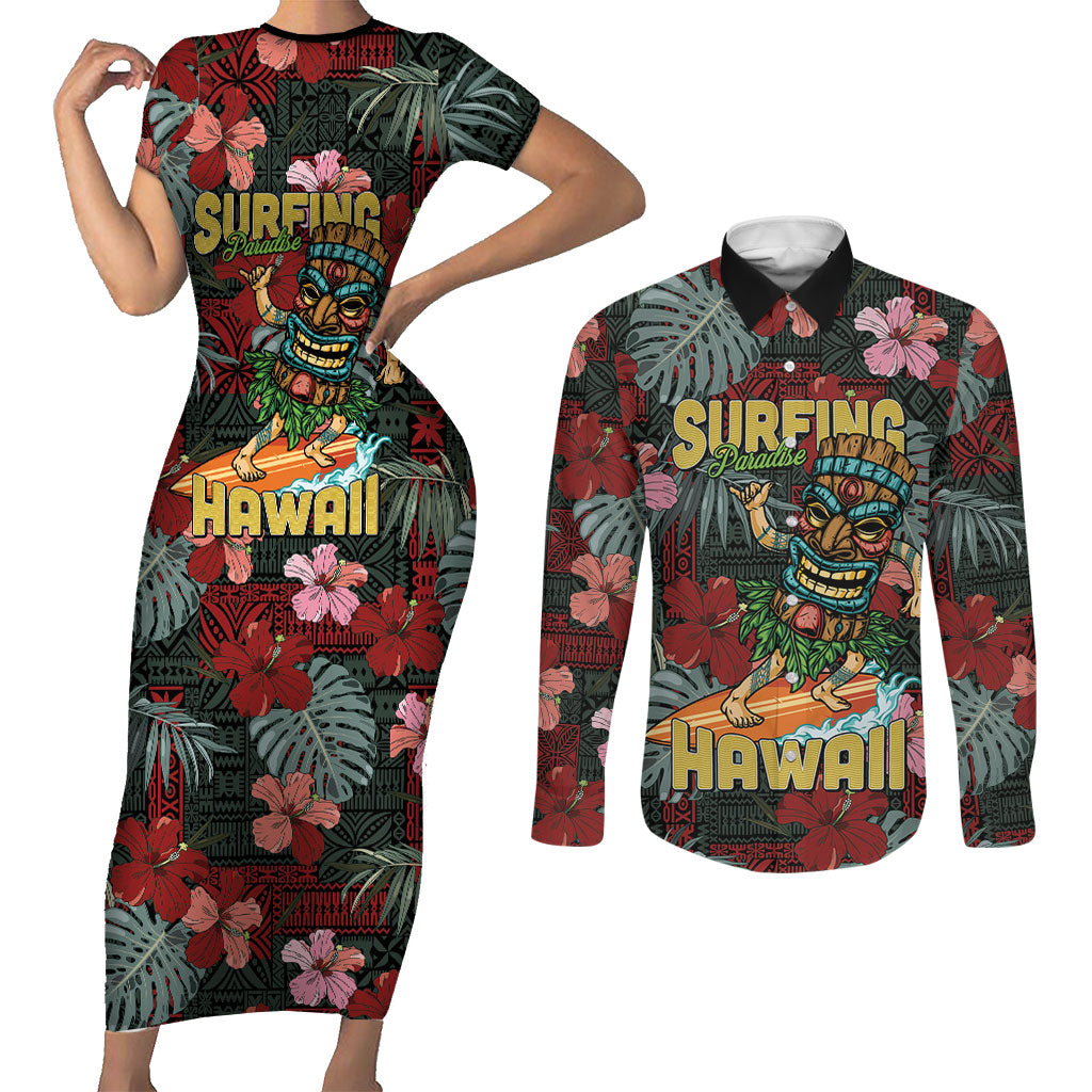 Hawaii Tiki Surfing Couples Matching Short Sleeve Bodycon Dress and Long Sleeve Button Shirt Mele Kalikimaka i Iulai! LT9 Black - Polynesian Pride
