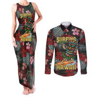 Hawaii Tiki Surfing Couples Matching Tank Maxi Dress and Long Sleeve Button Shirt Mele Kalikimaka i Iulai!