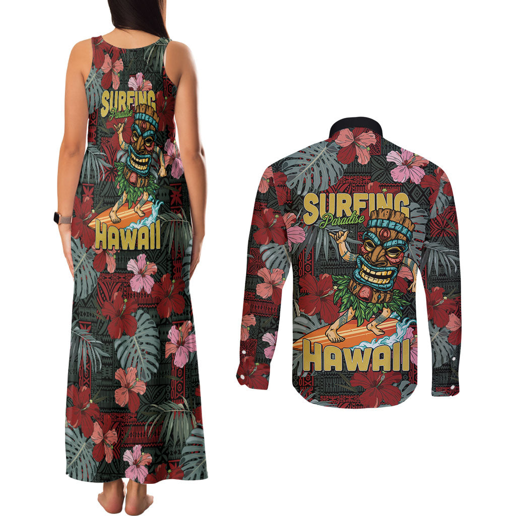 Hawaii Tiki Surfing Couples Matching Tank Maxi Dress and Long Sleeve Button Shirt Mele Kalikimaka i Iulai!