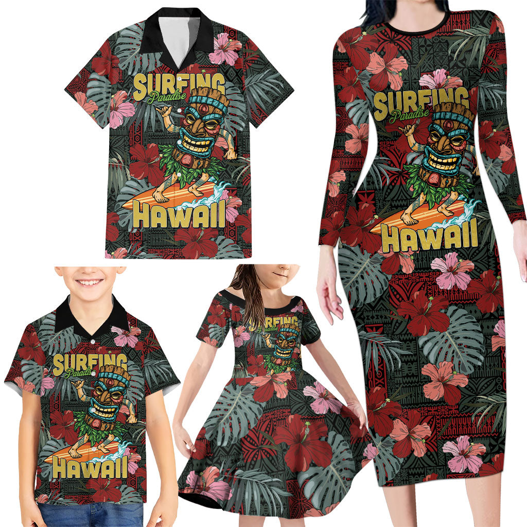 Hawaii Tiki Surfing Family Matching Long Sleeve Bodycon Dress and Hawaiian Shirt Mele Kalikimaka i Iulai!