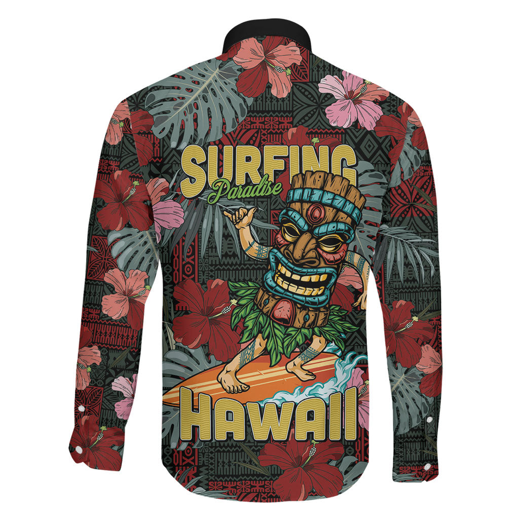 Hawaii Tiki Surfing Family Matching Long Sleeve Bodycon Dress and Hawaiian Shirt Mele Kalikimaka i Iulai!