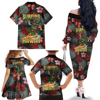 Hawaii Tiki Surfing Family Matching Off The Shoulder Long Sleeve Dress and Hawaiian Shirt Mele Kalikimaka i Iulai!