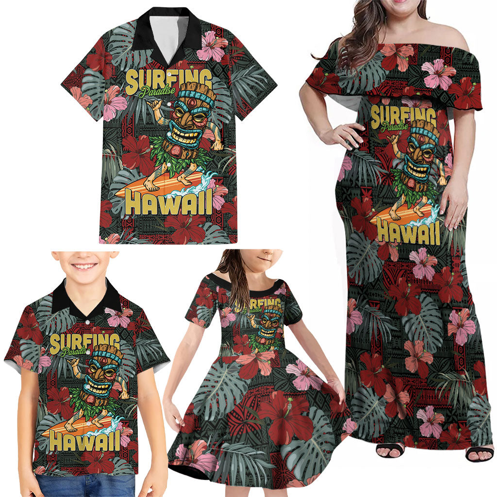 Hawaii Tiki Surfing Family Matching Off Shoulder Maxi Dress and Hawaiian Shirt Mele Kalikimaka i Iulai!