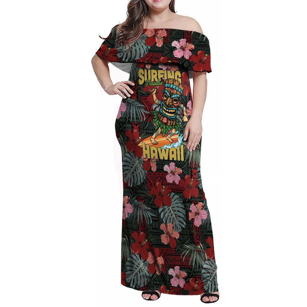 Hawaii Tiki Surfing Family Matching Off Shoulder Maxi Dress and Hawaiian Shirt Mele Kalikimaka i Iulai!