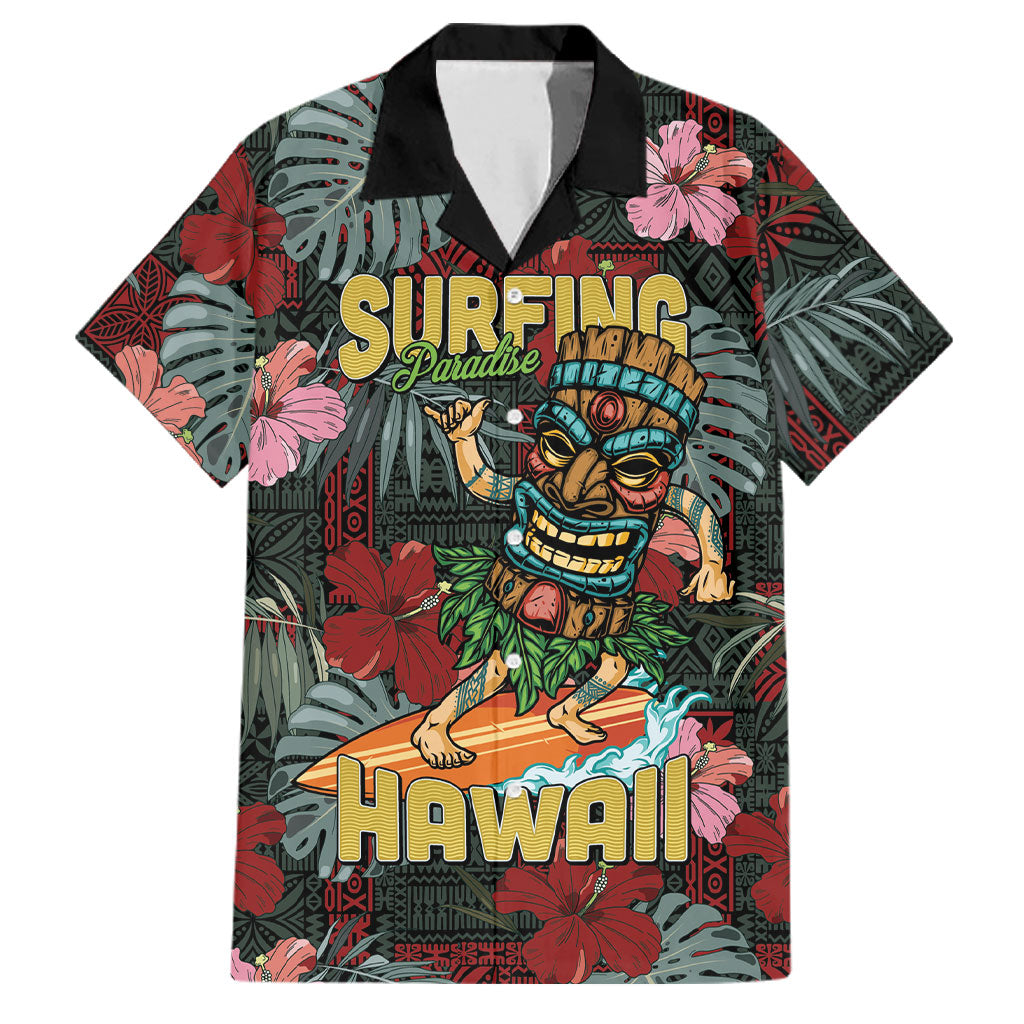 Hawaii Tiki Surfing Family Matching Off Shoulder Short Dress and Hawaiian Shirt Mele Kalikimaka i Iulai!