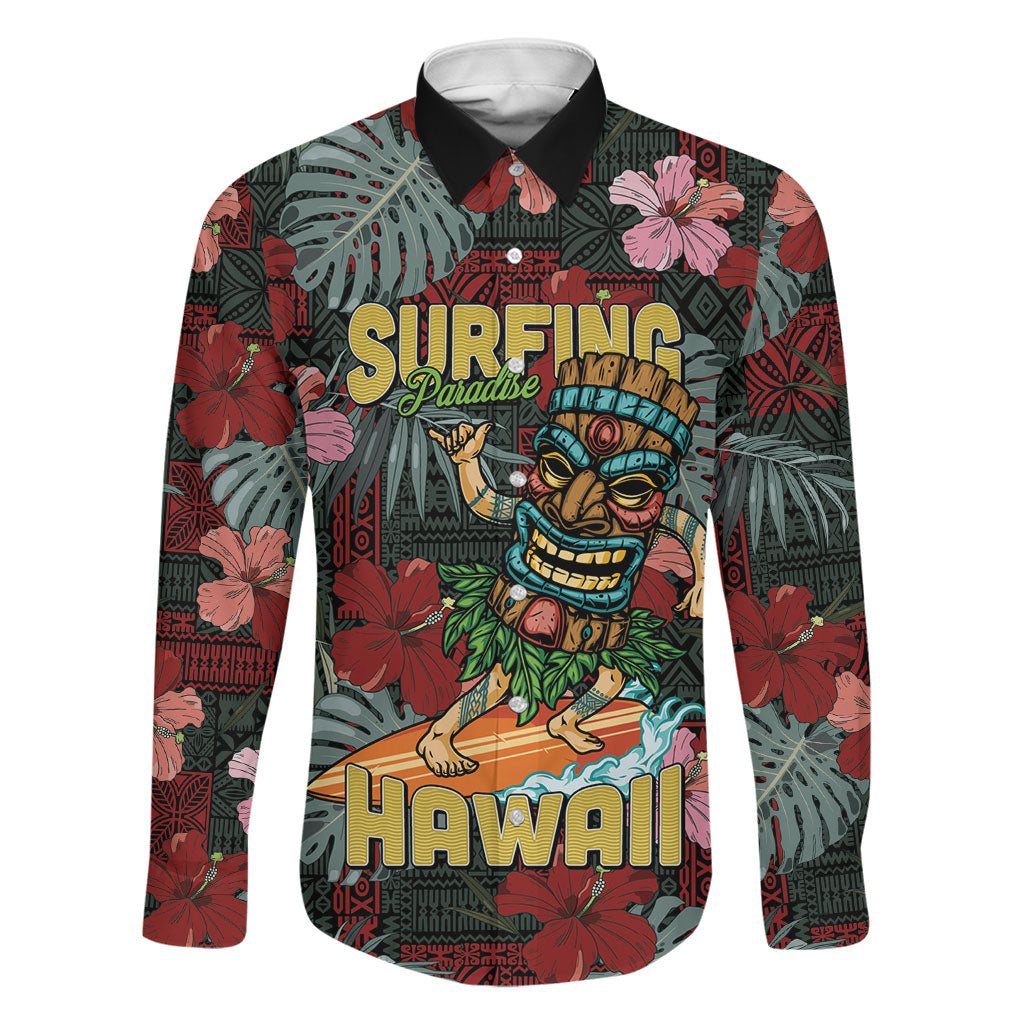 Hawaii Tiki Surfing Family Matching Off Shoulder Short Dress and Hawaiian Shirt Mele Kalikimaka i Iulai!