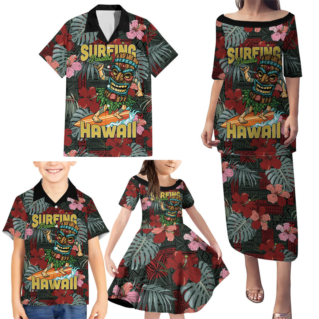 Hawaii Tiki Surfing Family Matching Puletasi and Hawaiian Shirt Mele Kalikimaka i Iulai!