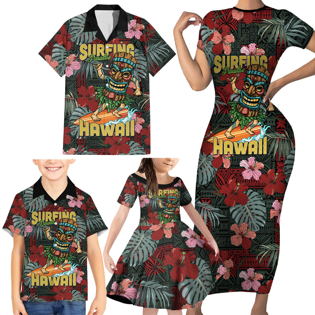 Hawaii Tiki Surfing Family Matching Short Sleeve Bodycon Dress and Hawaiian Shirt Mele Kalikimaka i Iulai!