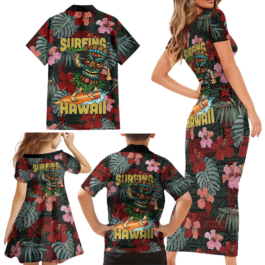 Hawaii Tiki Surfing Family Matching Short Sleeve Bodycon Dress and Hawaiian Shirt Mele Kalikimaka i Iulai!