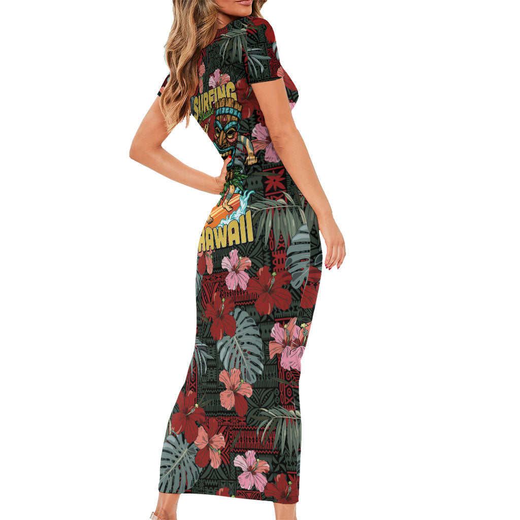 Hawaii Tiki Surfing Family Matching Short Sleeve Bodycon Dress and Hawaiian Shirt Mele Kalikimaka i Iulai!
