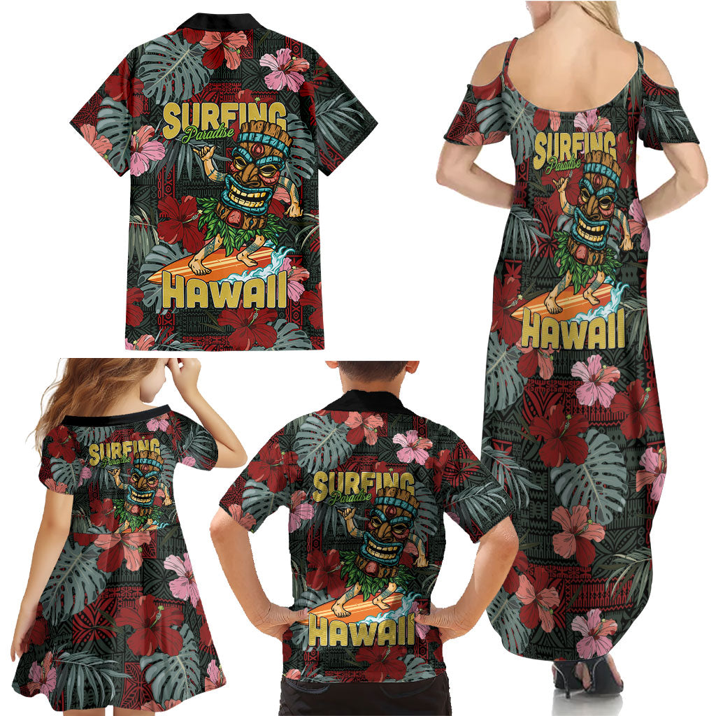 Hawaii Tiki Surfing Family Matching Summer Maxi Dress and Hawaiian Shirt Mele Kalikimaka i Iulai!