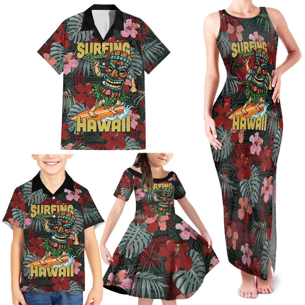 Hawaii Tiki Surfing Family Matching Tank Maxi Dress and Hawaiian Shirt Mele Kalikimaka i Iulai!