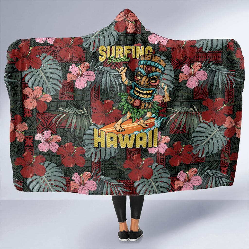 Hawaii Tiki Surfing Hooded Blanket Mele Kalikimaka i Iulai!