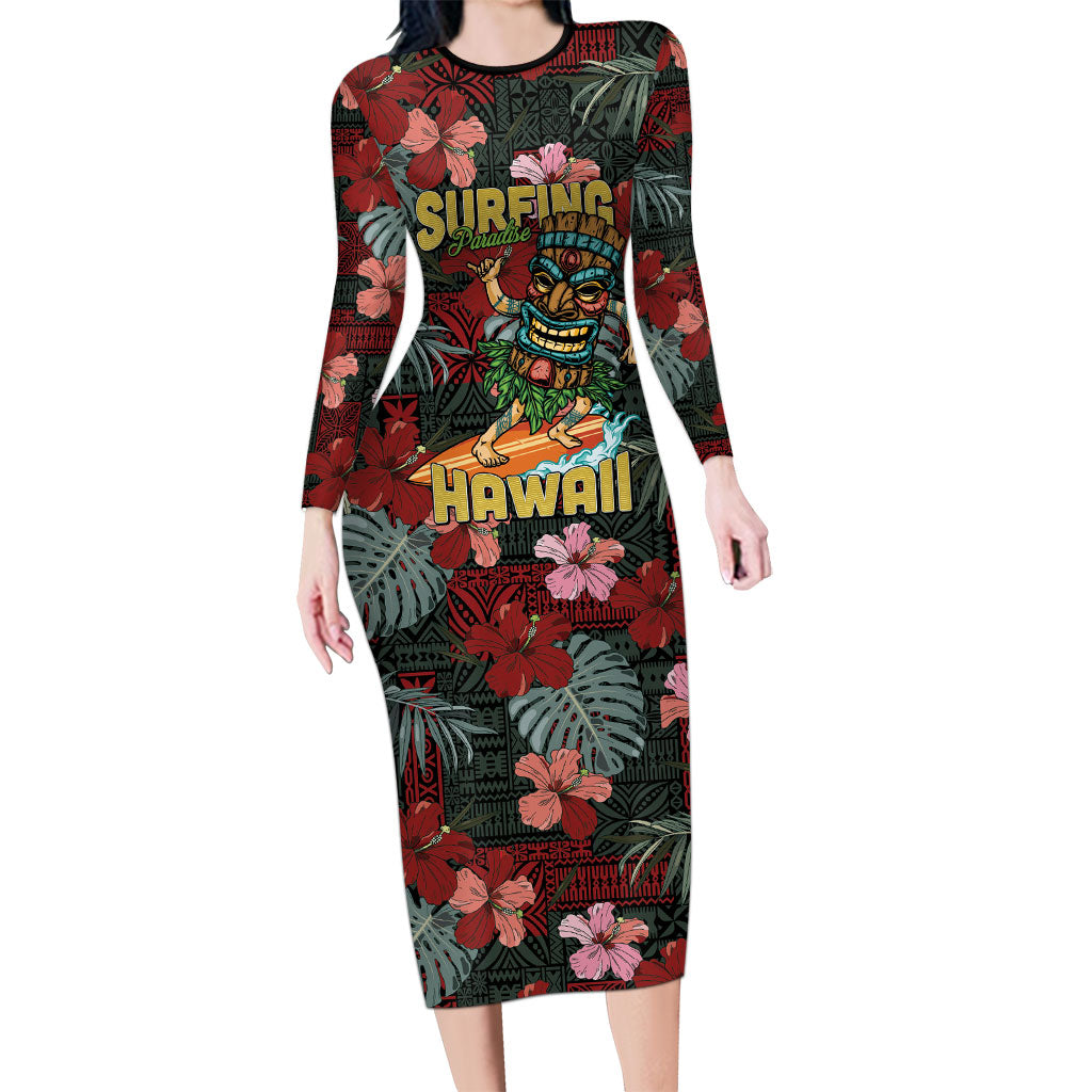 Hawaii Tiki Surfing Long Sleeve Bodycon Dress Mele Kalikimaka i Iulai!