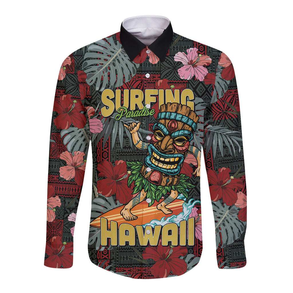 Hawaii Tiki Surfing Long Sleeve Button Shirt Mele Kalikimaka i Iulai! LT9 Unisex Black - Polynesian Pride