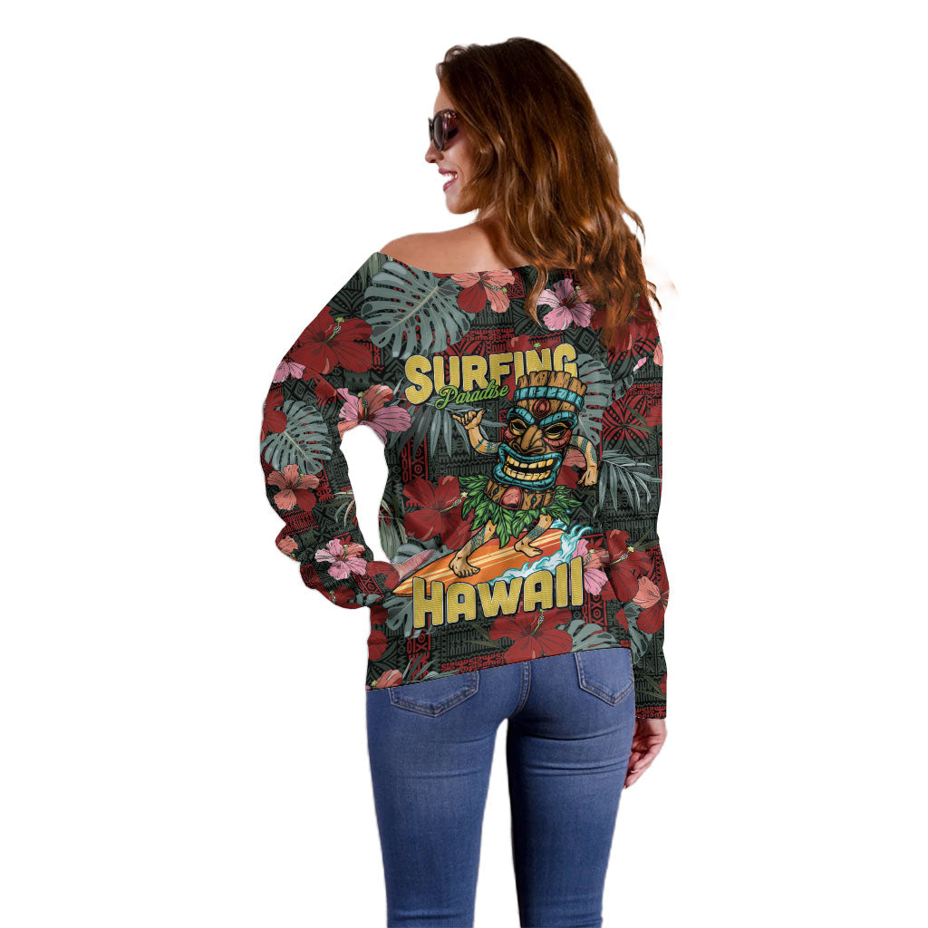 Hawaii Tiki Surfing Off Shoulder Sweater Mele Kalikimaka i Iulai!