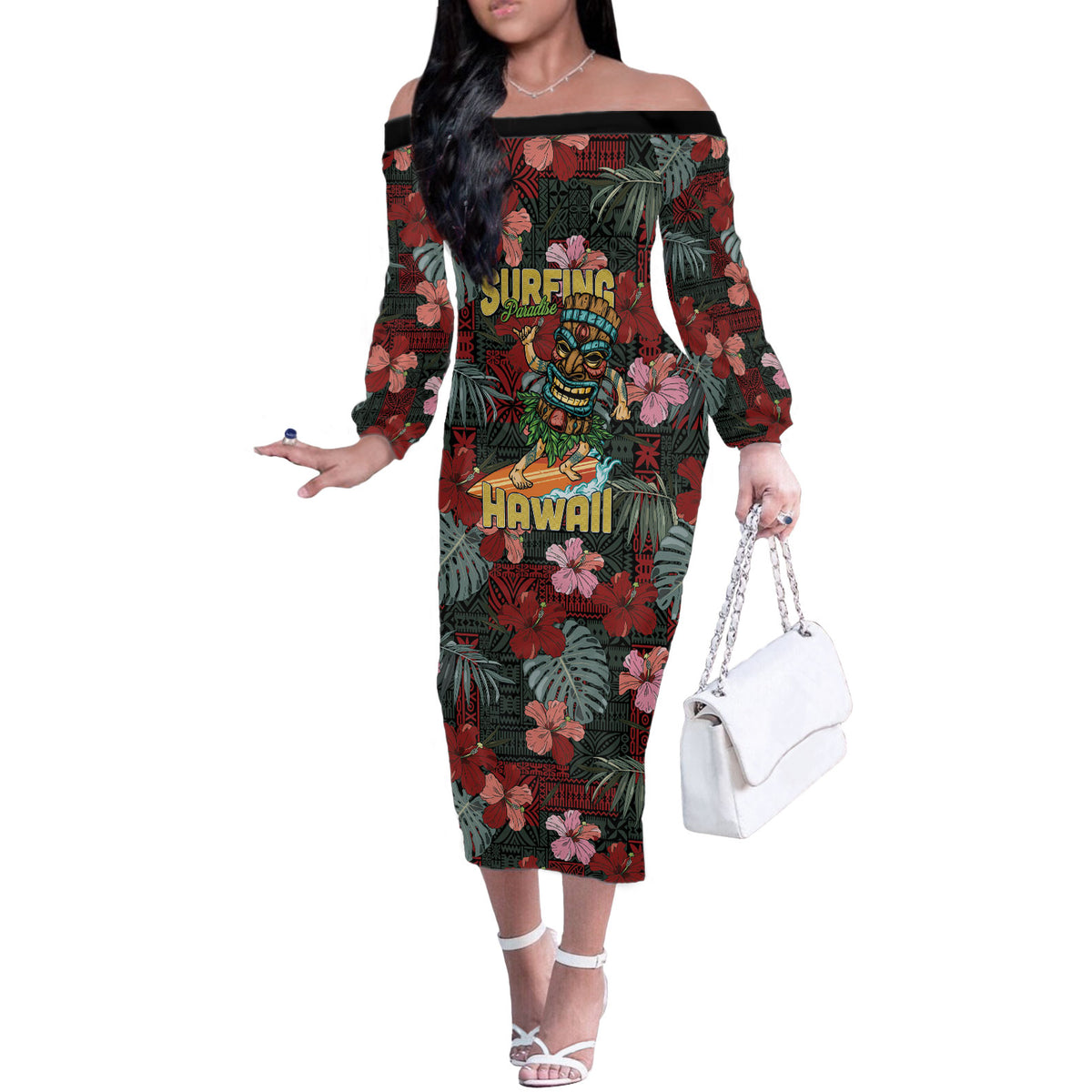 Hawaii Tiki Surfing Off The Shoulder Long Sleeve Dress Mele Kalikimaka i Iulai!