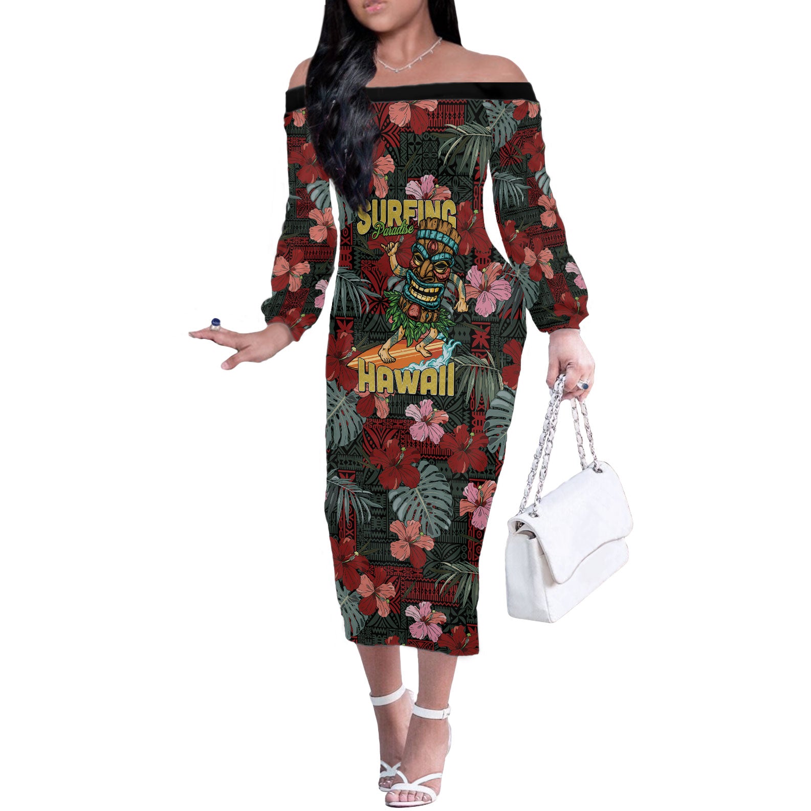 Hawaii Tiki Surfing Off The Shoulder Long Sleeve Dress Mele Kalikimaka i Iulai! LT9 Women Black - Polynesian Pride