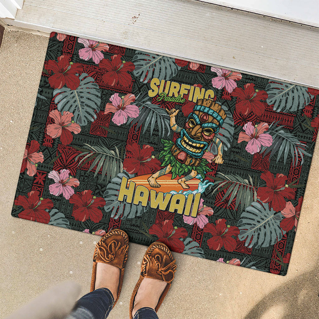 Hawaii Tiki Surfing Rubber Doormat Mele Kalikimaka i Iulai!