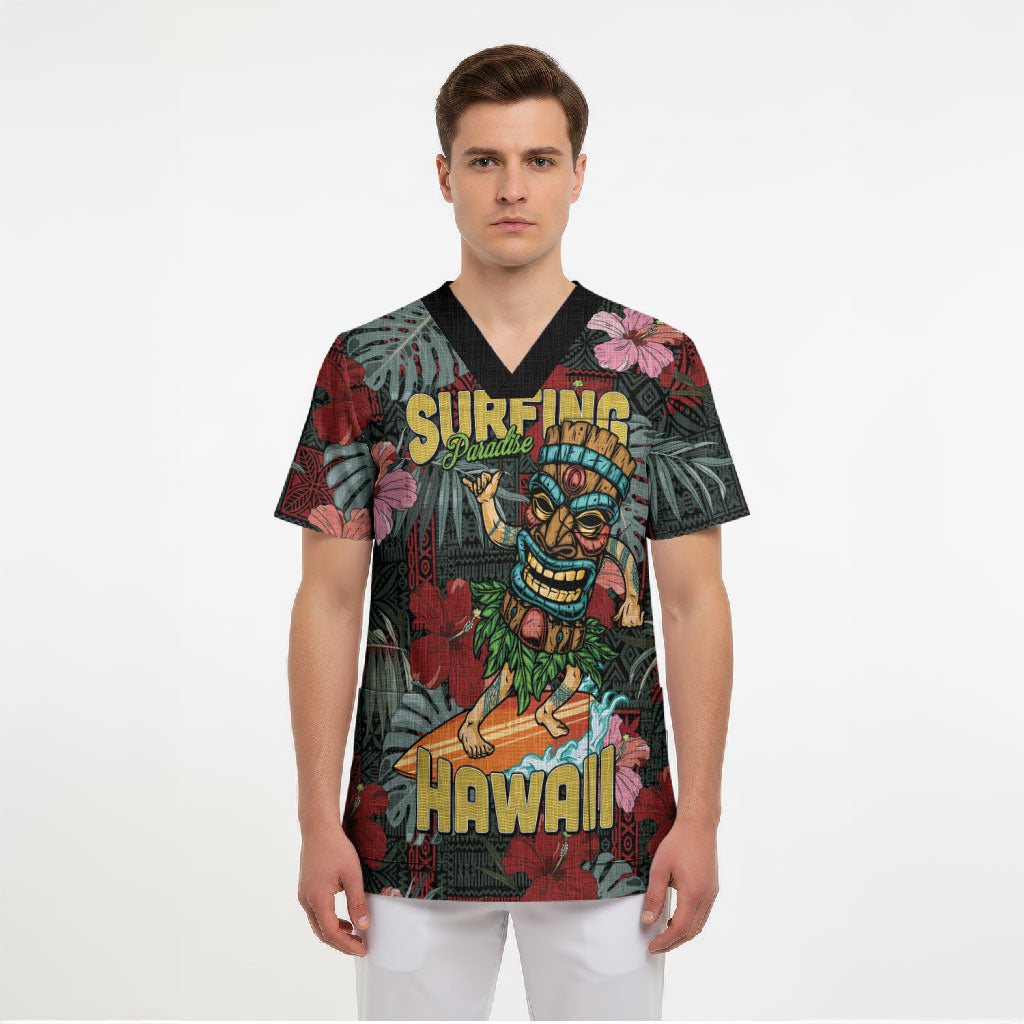 Hawaii Tiki Surfing Scrub Top Mele Kalikimaka i Iulai!