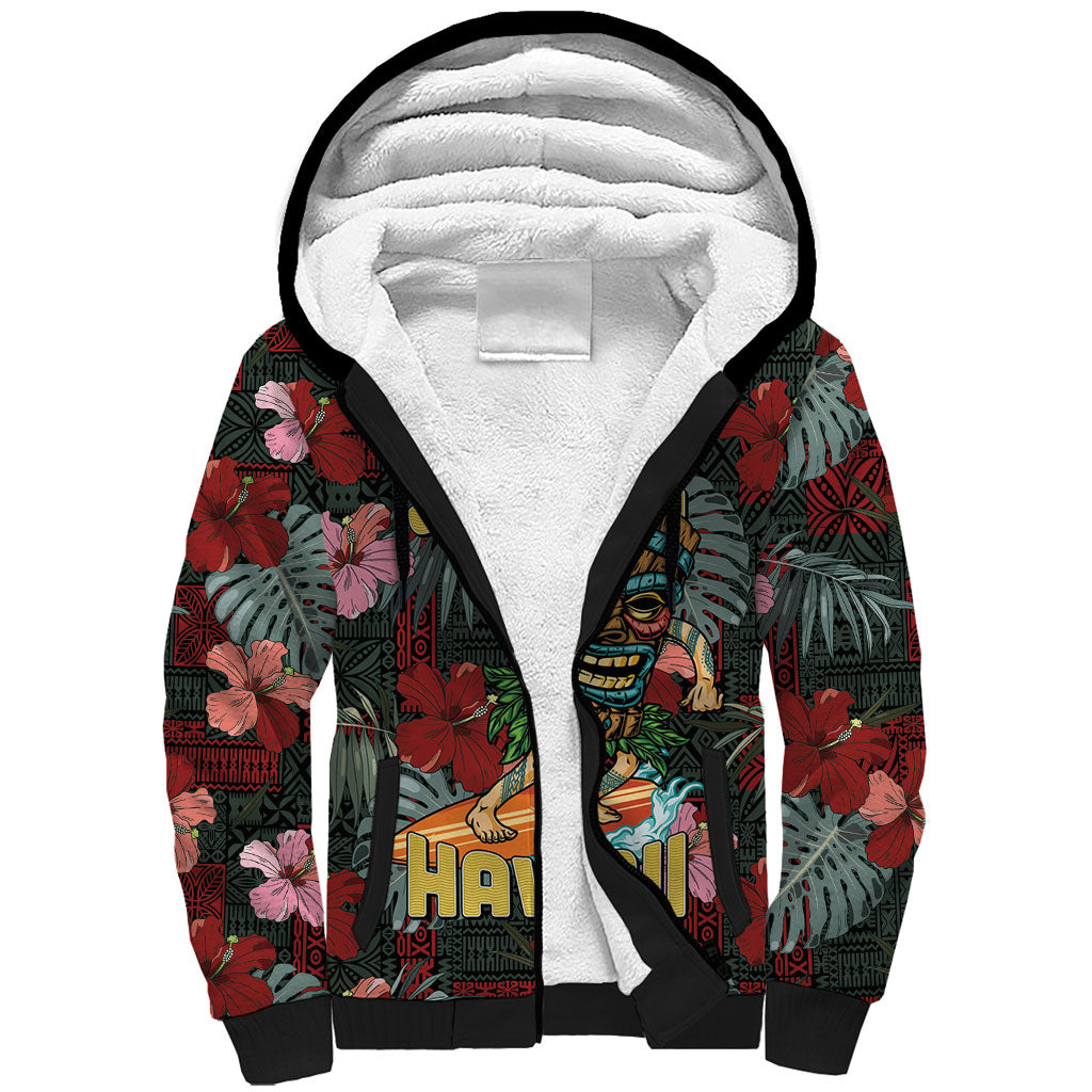 Hawaii Tiki Surfing Sherpa Hoodie Mele Kalikimaka i Iulai! LT9 Unisex Black - Polynesian Pride