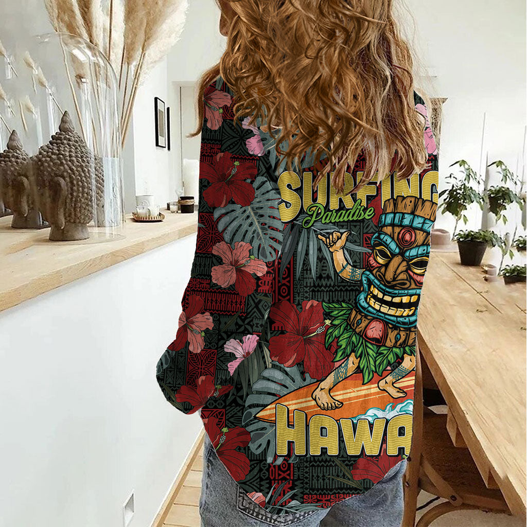 Hawaii Tiki Surfing Women Casual Shirt Mele Kalikimaka i Iulai!