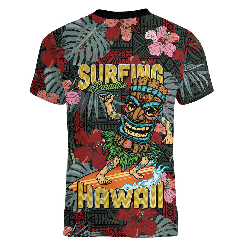 Hawaii Tiki Surfing Women V-Neck T-Shirt Mele Kalikimaka i Iulai!