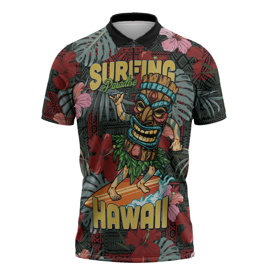 Hawaii Tiki Surfing Zipper Polo Shirt Mele Kalikimaka i Iulai! LT9 Black - Polynesian Pride
