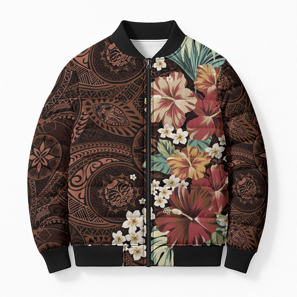 Kanoa Hawai'i Hibiscus Bomber Puffer Jacket Polynesian Tribal Tattoo Pattern Floral Elements LT9 Unisex Brown - Polynesian Pride